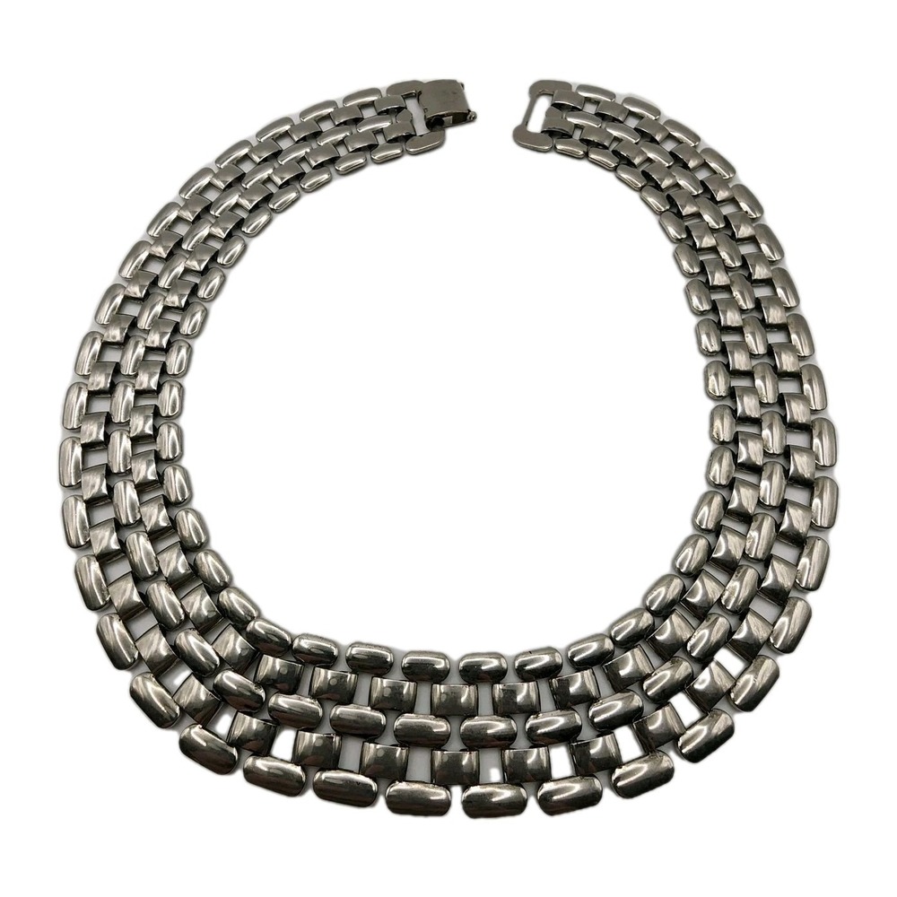 Vintage Basket Weave Panther Link Mesh Brick Work Silver Tone Statement Necklace